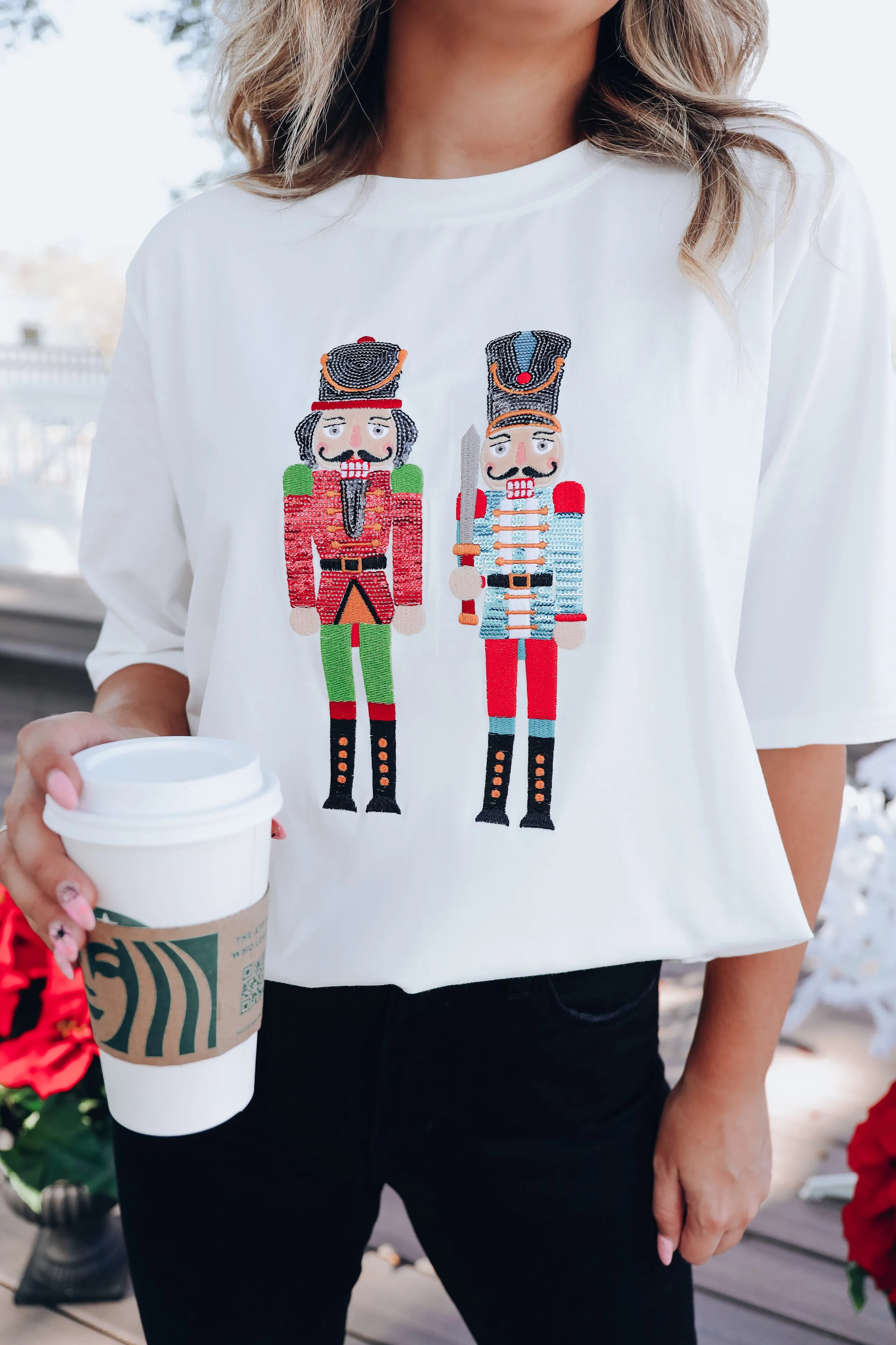 Nutcracker Sequin Graphic T-Shirt Dress - White