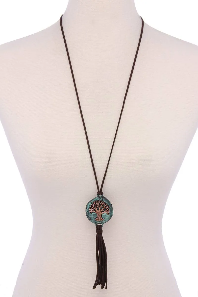 Oak Tree Suede Tassel Pendant Necklace