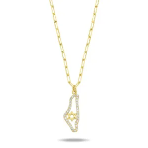 Pave Small Israel Map & Star Paperclip Necklace