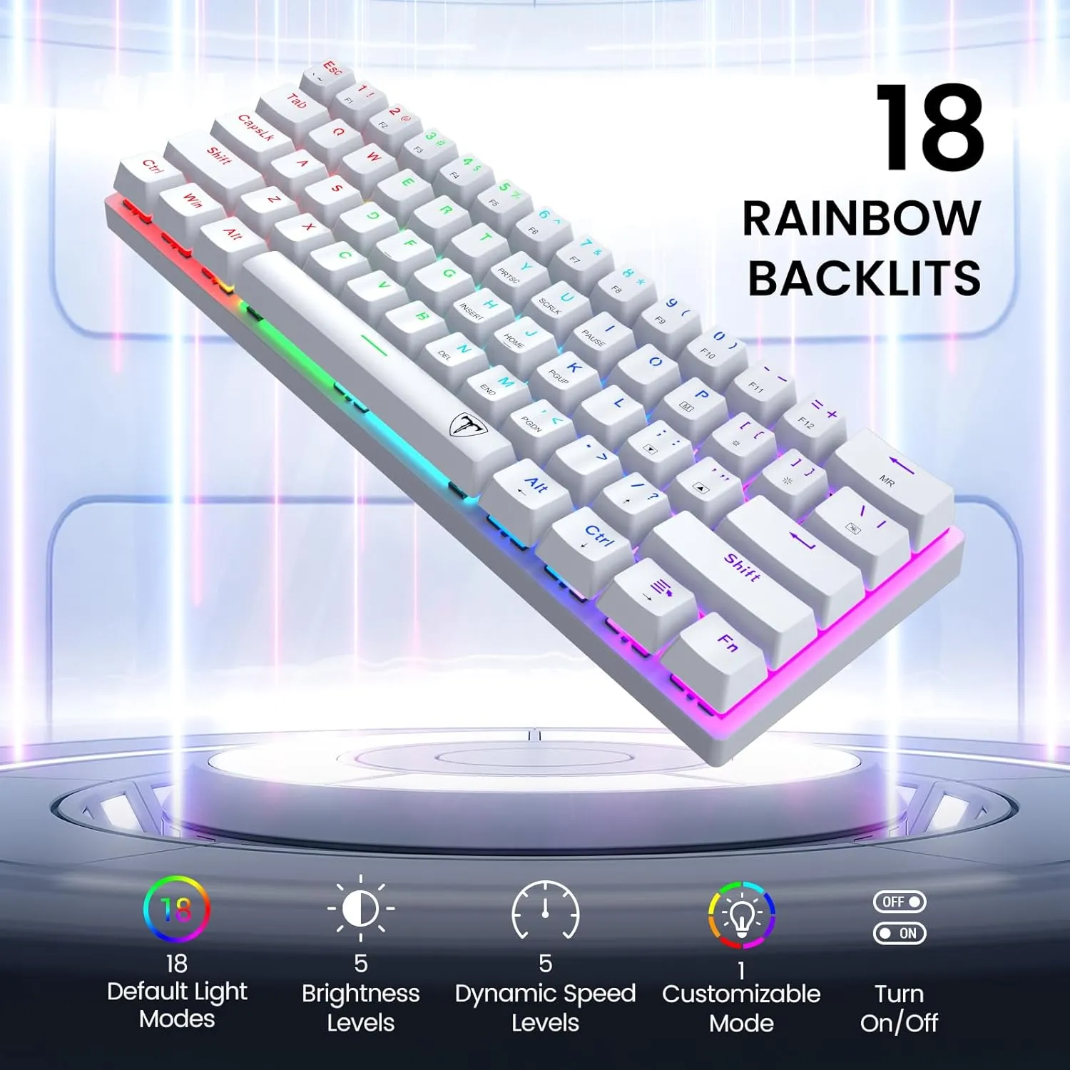 Portable Mechanical Gaming Keyboard, Wired Ergonomic with Red Switches, 61 Keys Ultra-Compact Mini, LED Backlit for PC/Mac/Xbox, Easy to Carry - White