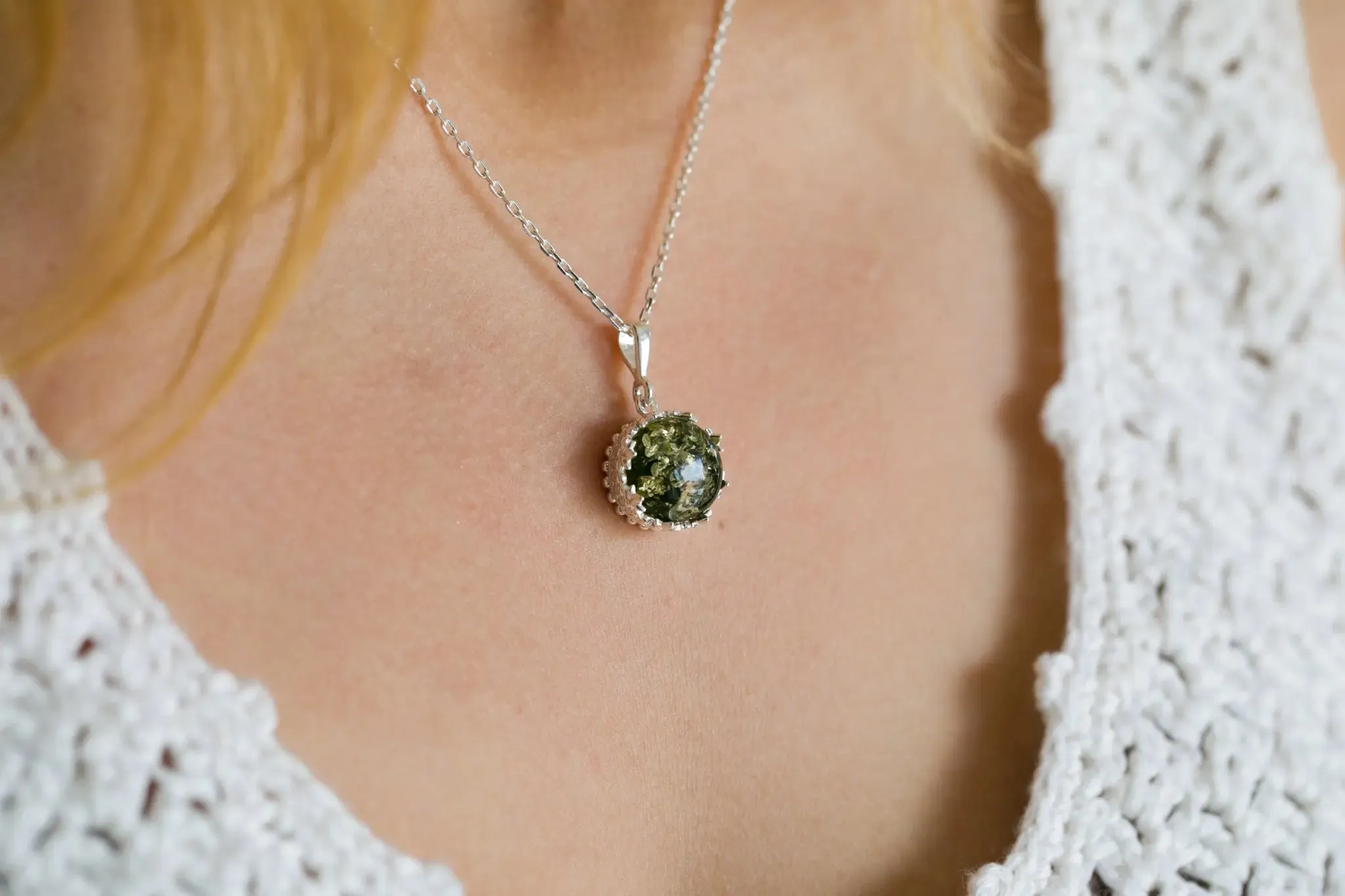Princess Crown Green Amber Pendant