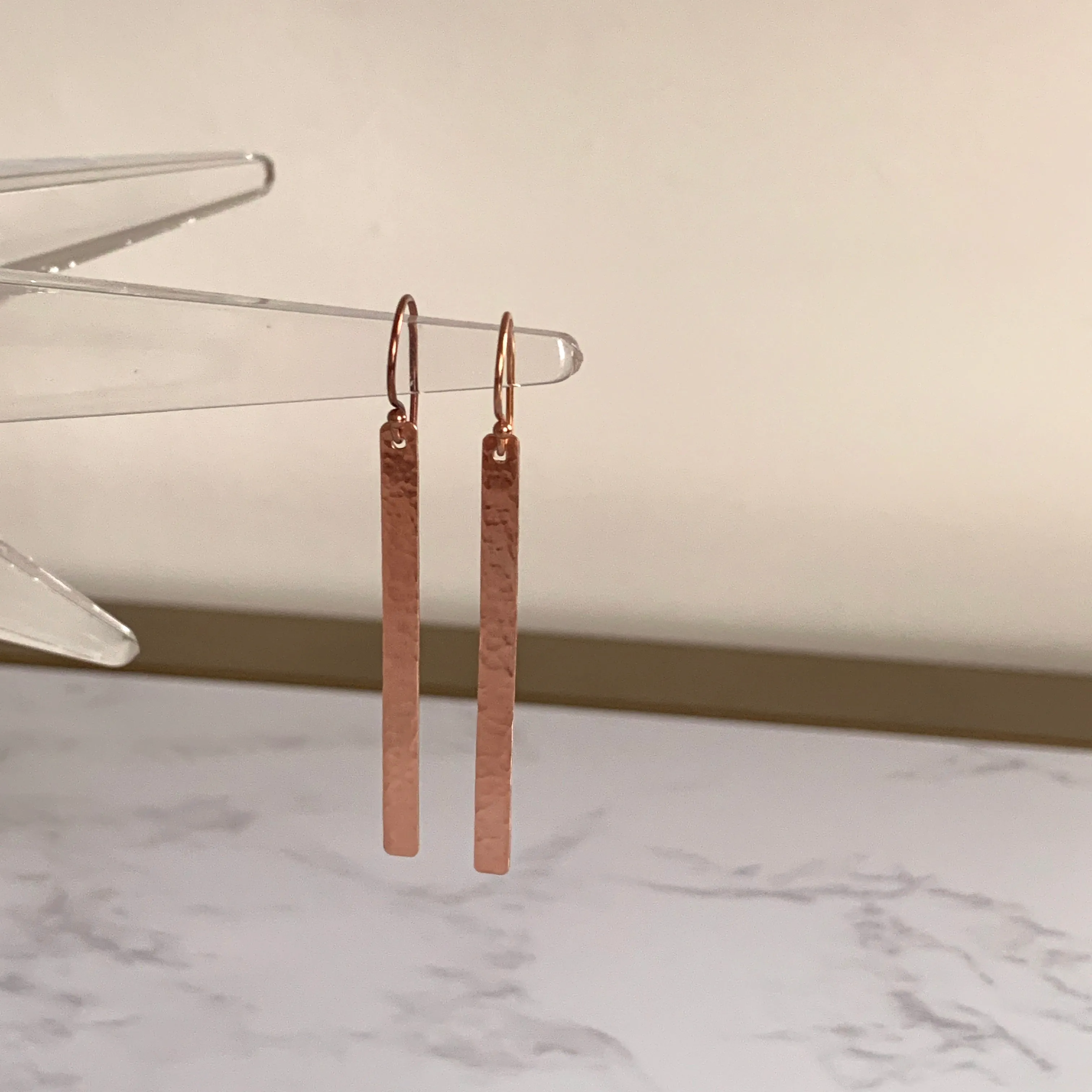 Rose Gold Hammered Bar Earrings - Long