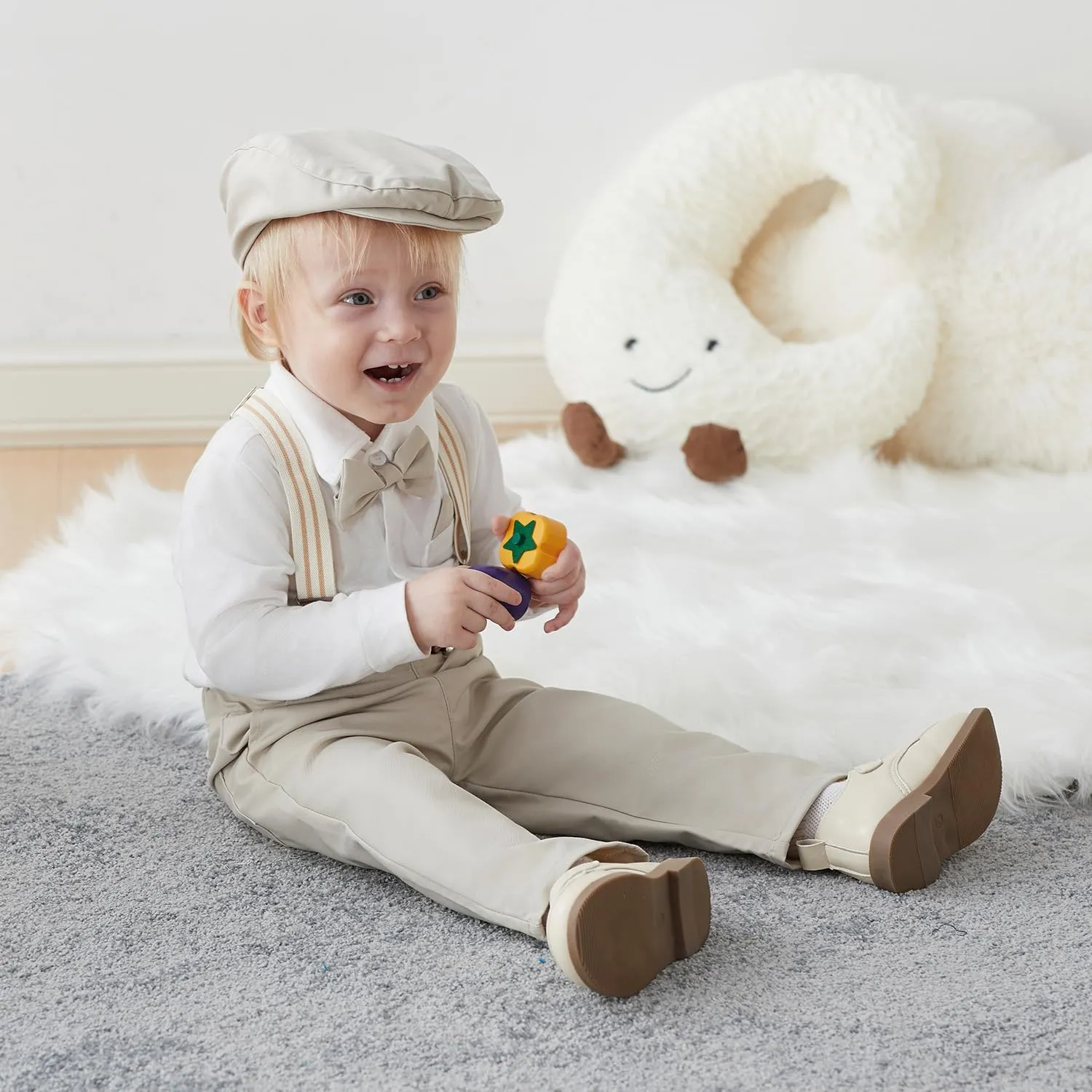 SALNIER Baby Boy Dress Suit Clothes Sets Infant Tuxedo Gentleman Suits Outfits Bowtie Shirt Suspenders Pants Beret Hat