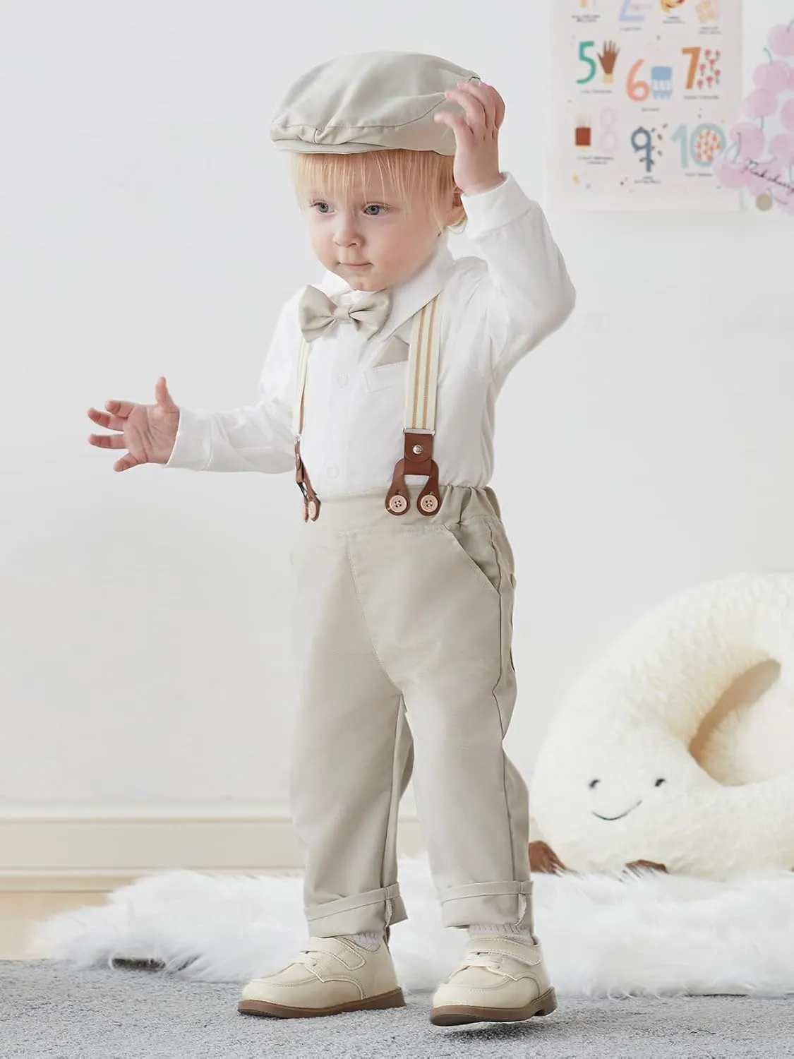 SALNIER Baby Boy Dress Suit Clothes Sets Infant Tuxedo Gentleman Suits Outfits Bowtie Shirt Suspenders Pants Beret Hat