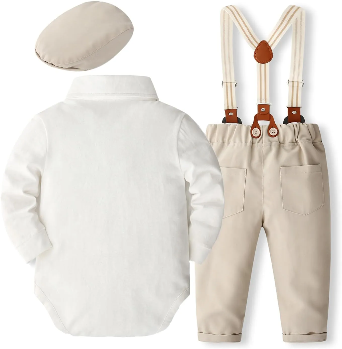 SALNIER Baby Boy Dress Suit Clothes Sets Infant Tuxedo Gentleman Suits Outfits Bowtie Shirt Suspenders Pants Beret Hat