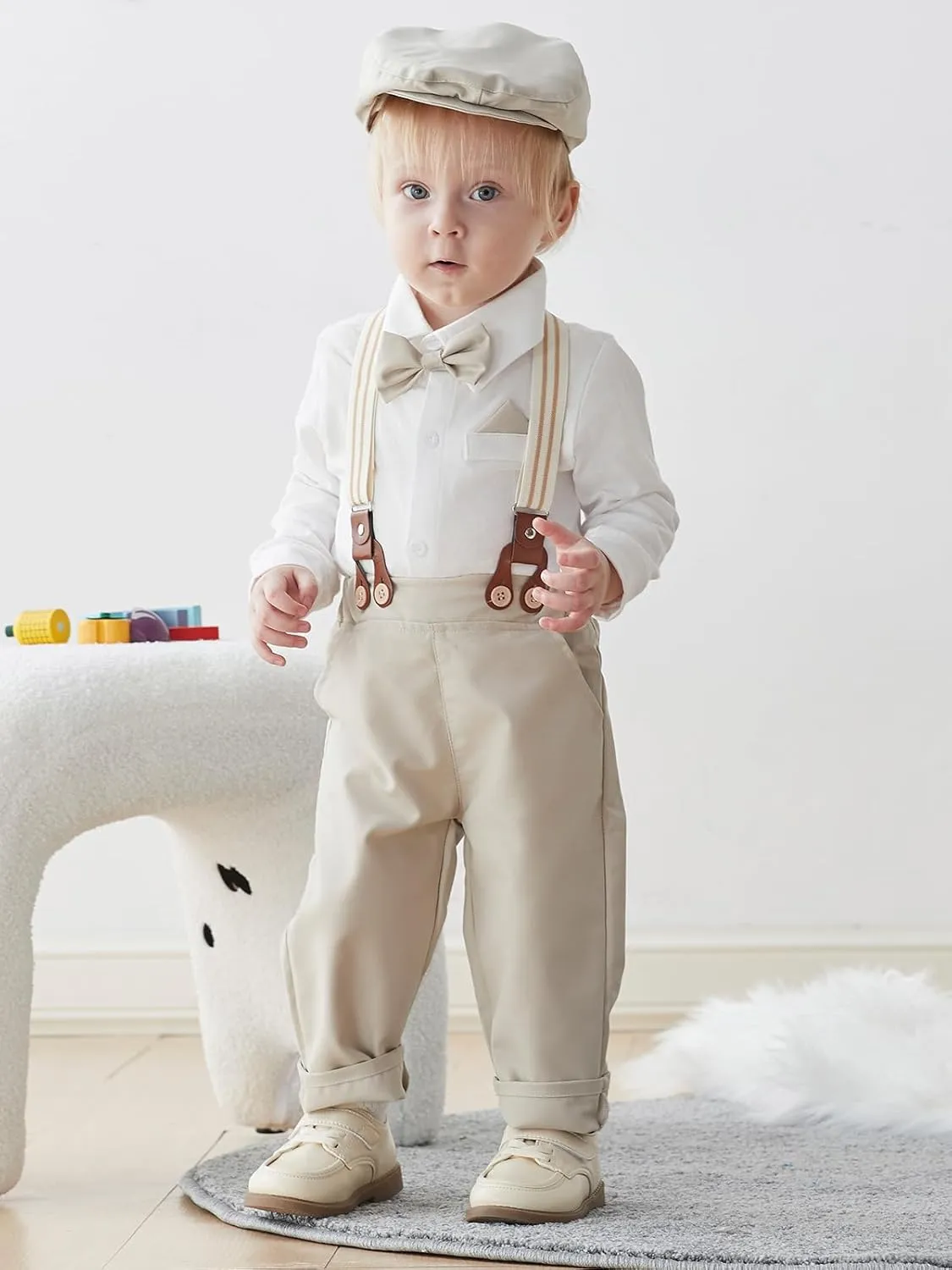 SALNIER Baby Boy Dress Suit Clothes Sets Infant Tuxedo Gentleman Suits Outfits Bowtie Shirt Suspenders Pants Beret Hat