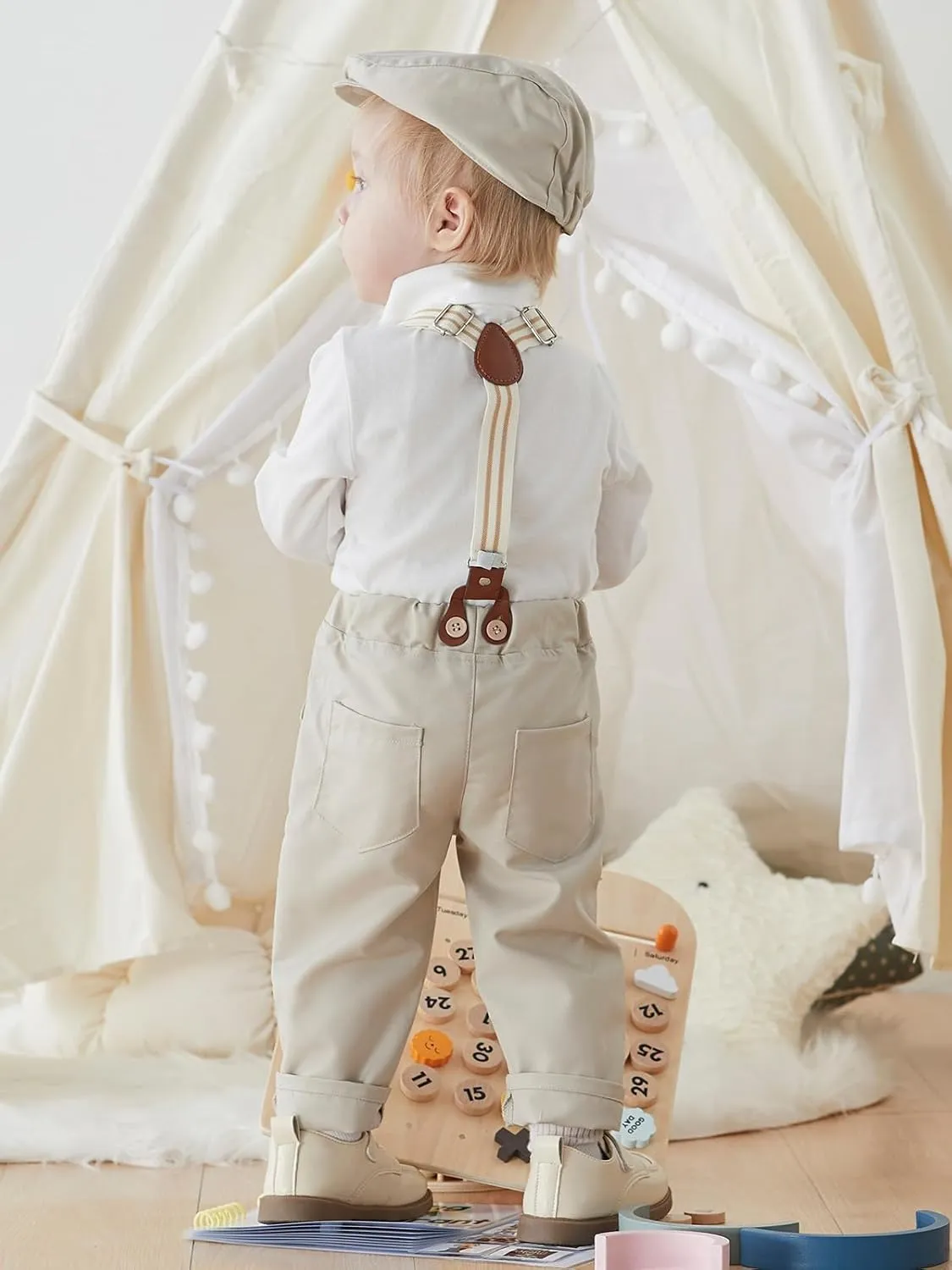 SALNIER Baby Boy Dress Suit Clothes Sets Infant Tuxedo Gentleman Suits Outfits Bowtie Shirt Suspenders Pants Beret Hat