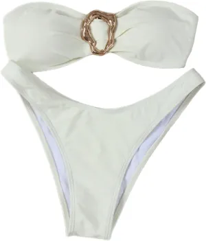 SHENHE Women's 2 Piece Strapless Swimsuits High Cut Metal Ring Tube Top Bandeau Bikini Set