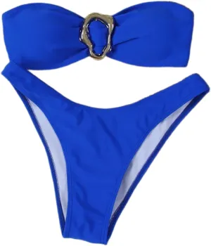 SHENHE Women's 2 Piece Strapless Swimsuits High Cut Metal Ring Tube Top Bandeau Bikini Set