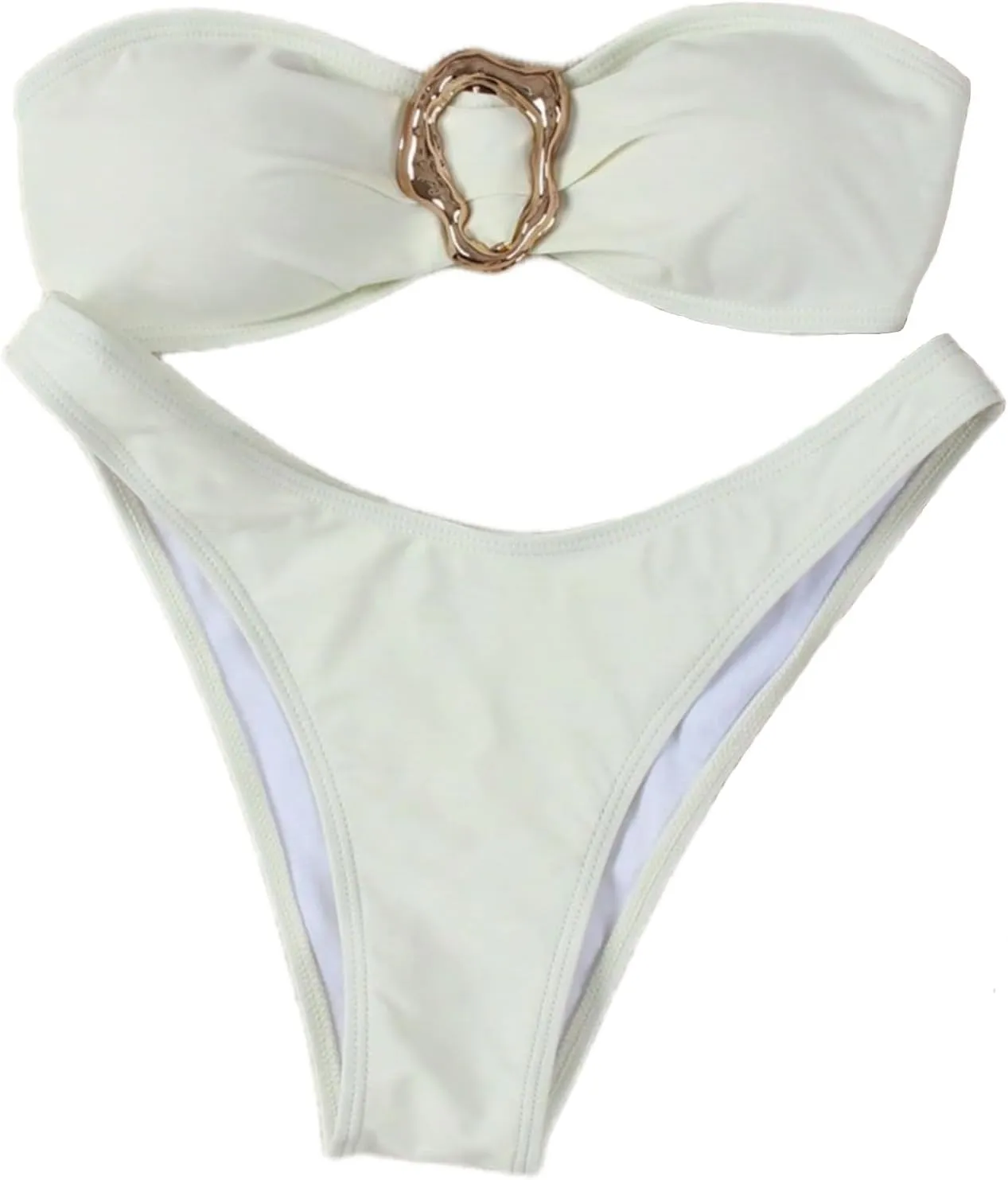 SHENHE Women's 2 Piece Strapless Swimsuits High Cut Metal Ring Tube Top Bandeau Bikini Set