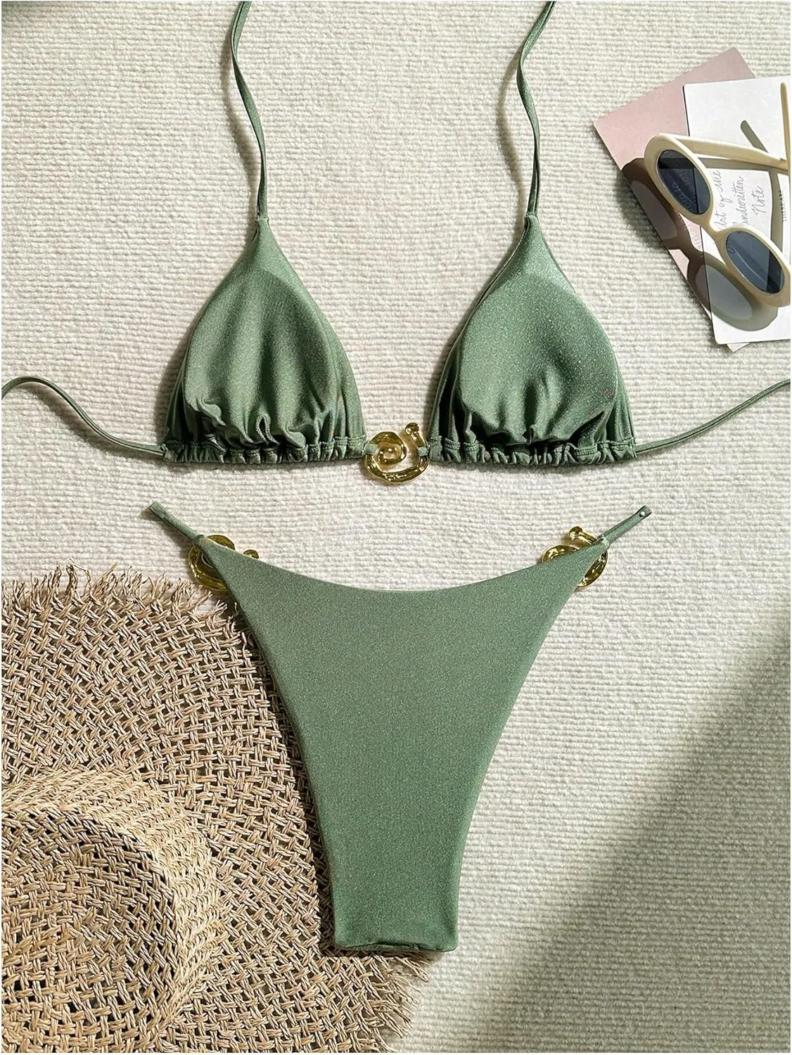 SHENHE Women's Thong Bikini Set Halter 2 Piece Swimsuit Triangle Metal Ring Bathing Suits