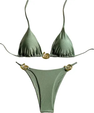 SHENHE Women's Thong Bikini Set Halter 2 Piece Swimsuit Triangle Metal Ring Bathing Suits