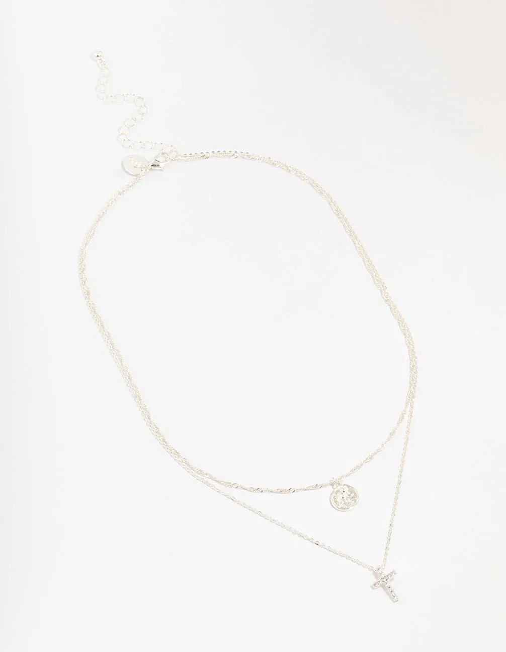 Silver Plated Cubic Zirconia Cross Coin Layered Necklace