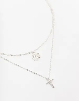 Silver Plated Cubic Zirconia Cross Coin Layered Necklace