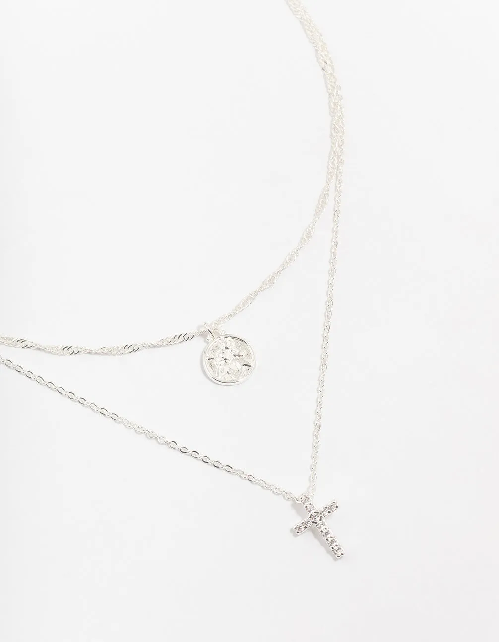 Silver Plated Cubic Zirconia Cross Coin Layered Necklace
