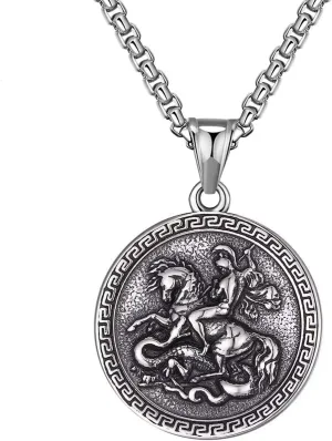 Stainless Steel St. George Dragon Slayer Pendant Necklace for Men Women Silver Religious Christian Catholic Medal Medallions Jewelry, 24 inch Chain