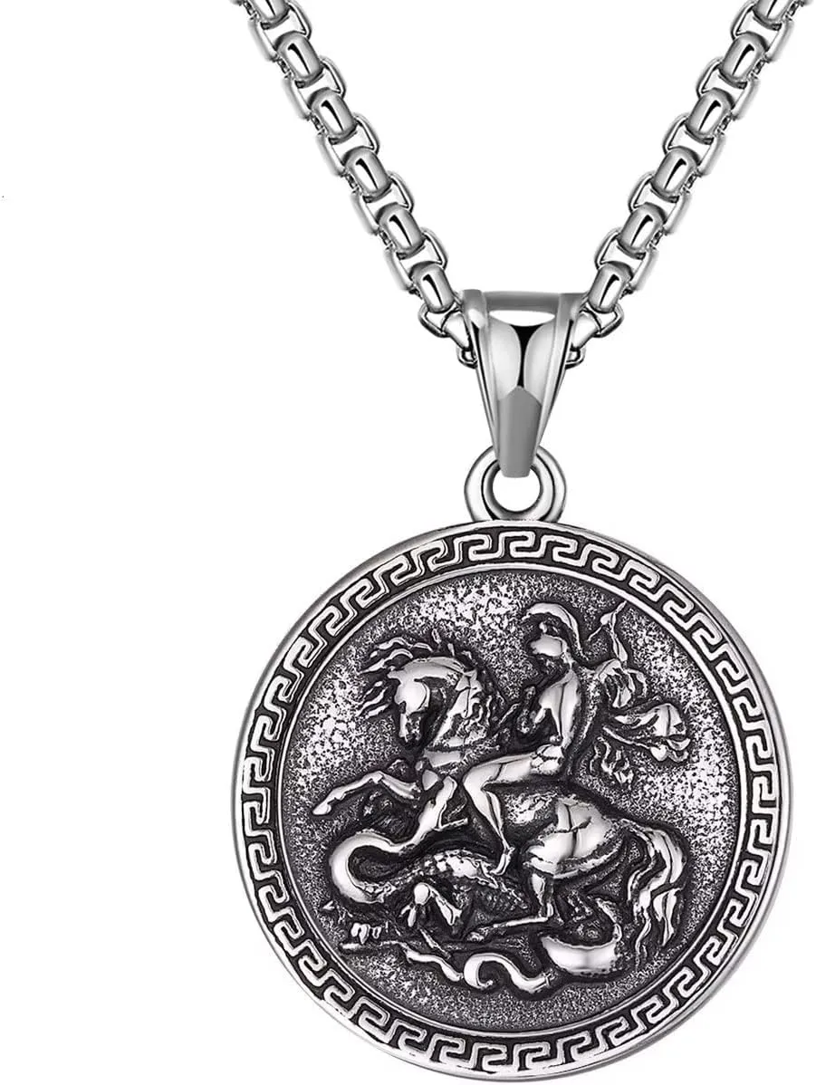 Stainless Steel St. George Dragon Slayer Pendant Necklace for Men Women Silver Religious Christian Catholic Medal Medallions Jewelry, 24 inch Chain