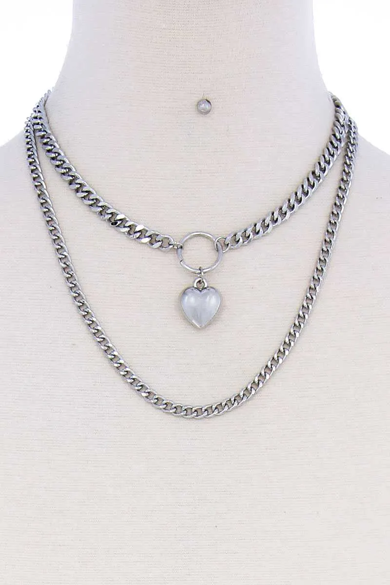 Stylish Double Chain Heart Pendant Necklace And Earring Set