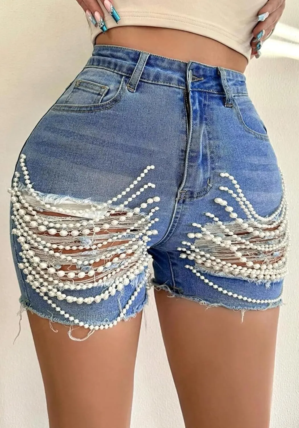 Tbahhir Womens High Waist Ripped Denim Shorts with Pearls Beading Chain Distressed Bodycon Stretchy Summer Jean Shorts