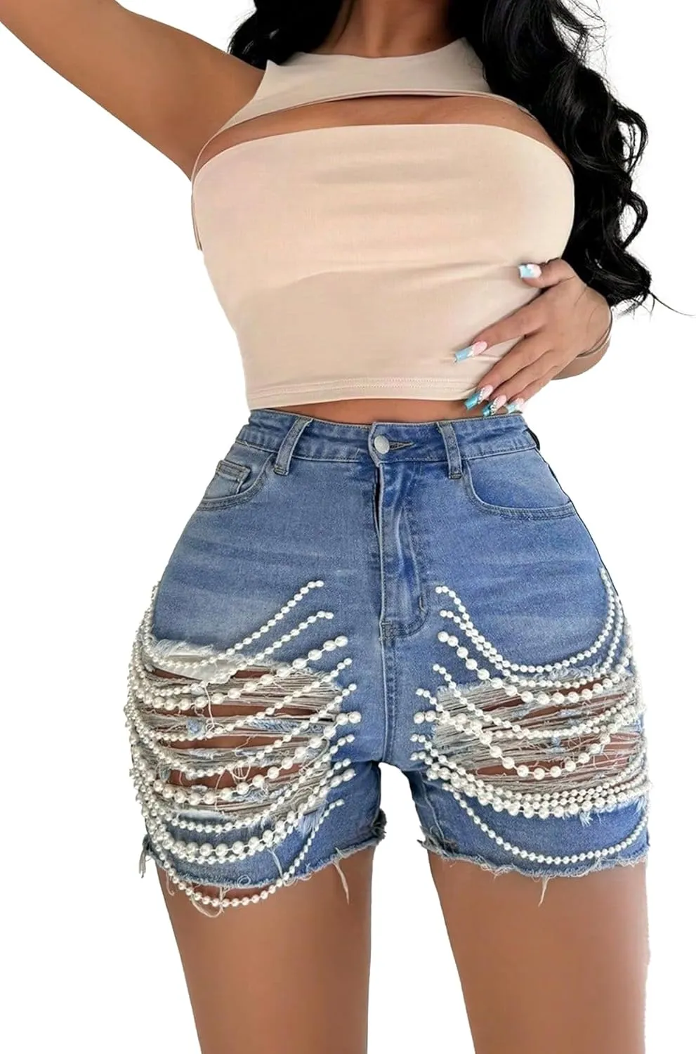 Tbahhir Womens High Waist Ripped Denim Shorts with Pearls Beading Chain Distressed Bodycon Stretchy Summer Jean Shorts