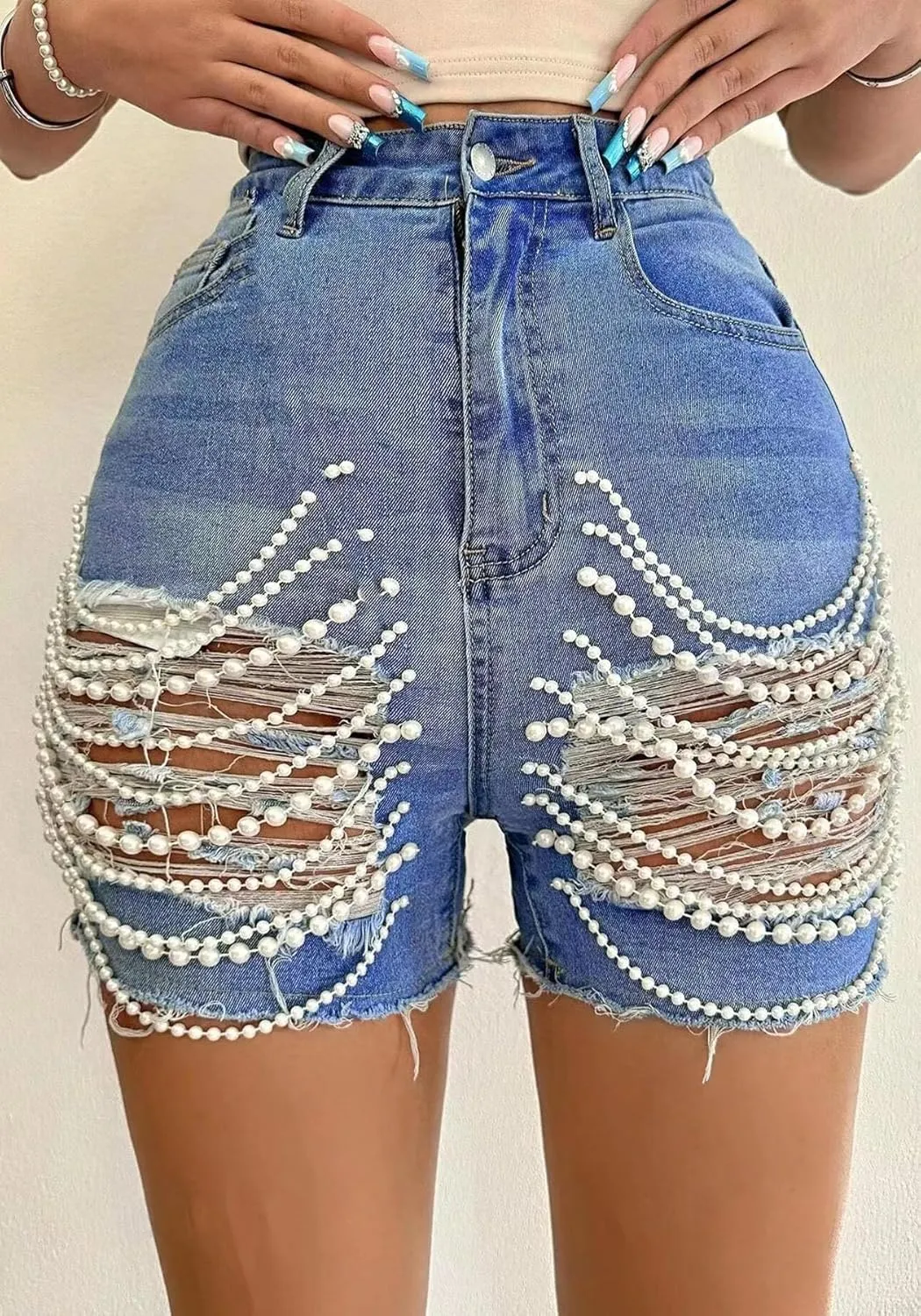 Tbahhir Womens High Waist Ripped Denim Shorts with Pearls Beading Chain Distressed Bodycon Stretchy Summer Jean Shorts