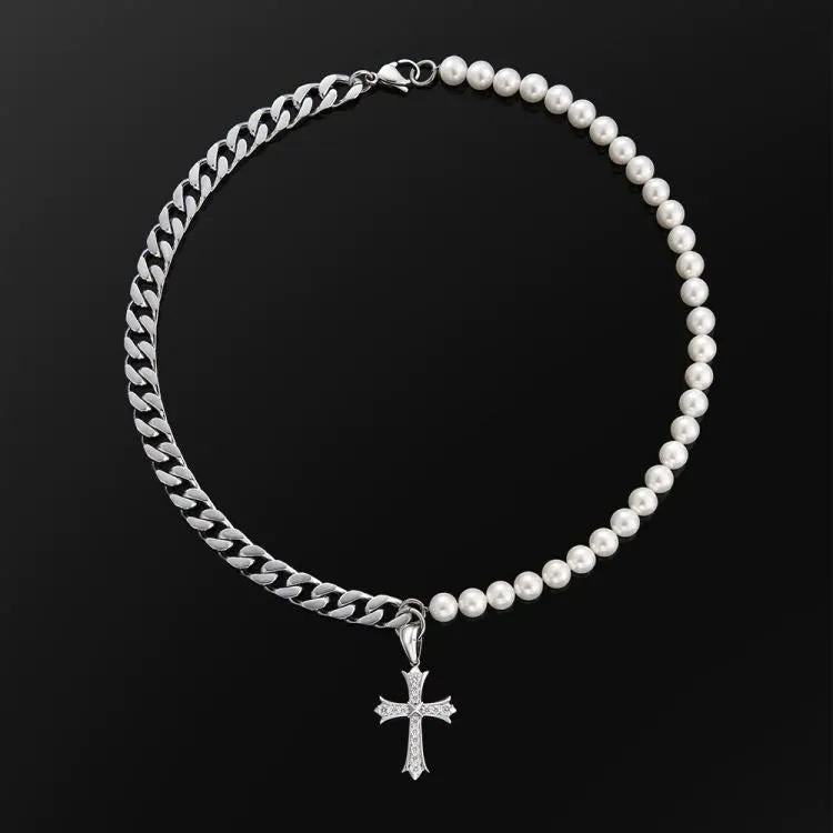 The Faith® - Cuban Link Pearl Necklace in White Gold with Diamond Cross Pendant
