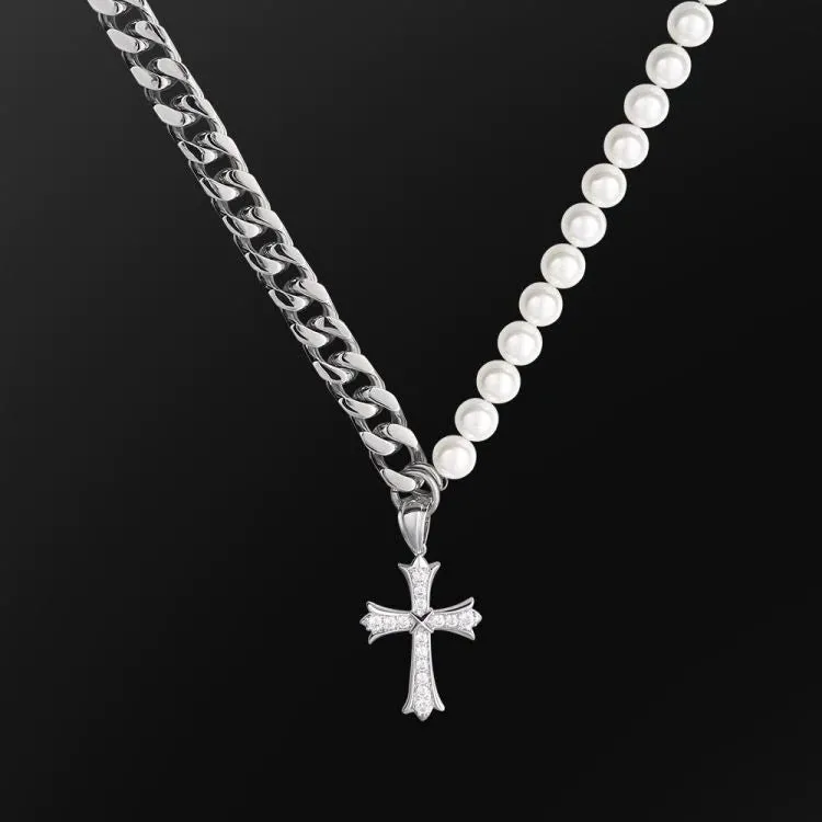 The Faith® - Cuban Link Pearl Necklace in White Gold with Diamond Cross Pendant