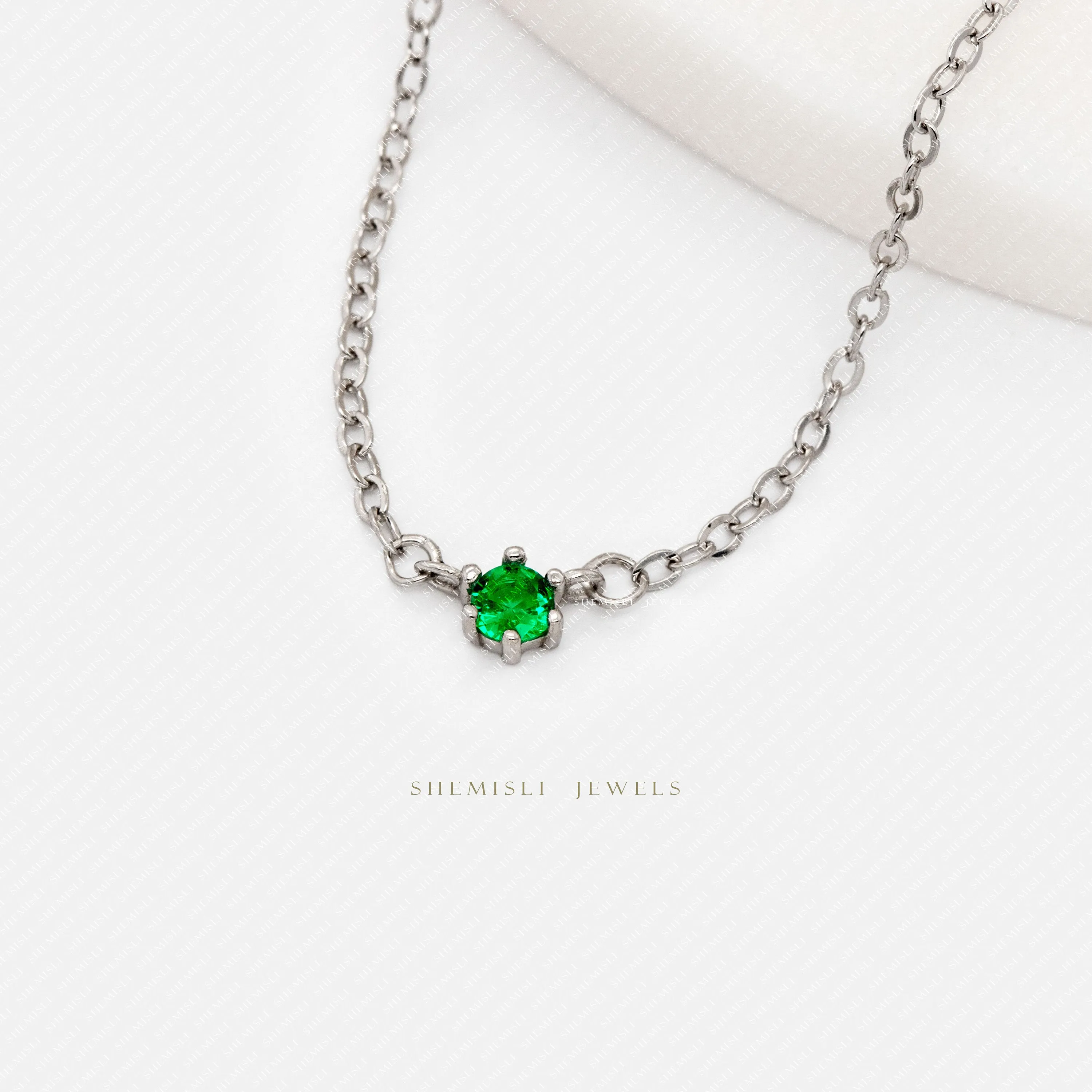Tiny Emerald Stone Necklace, Unisex, Gold, Silver  (14.5" 2.5") SHEMISLI - SN006