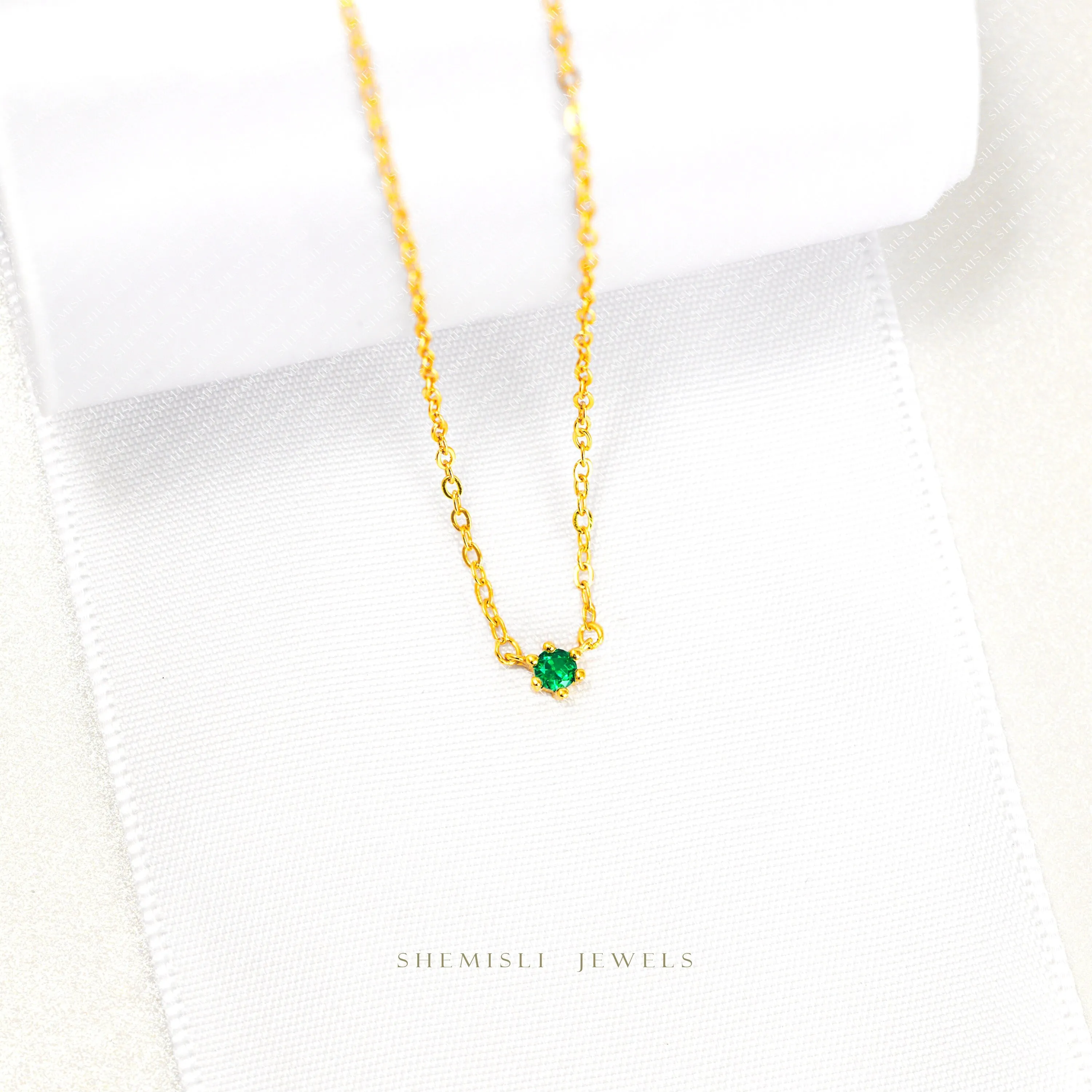 Tiny Emerald Stone Necklace, Unisex, Gold, Silver  (14.5" 2.5") SHEMISLI - SN006