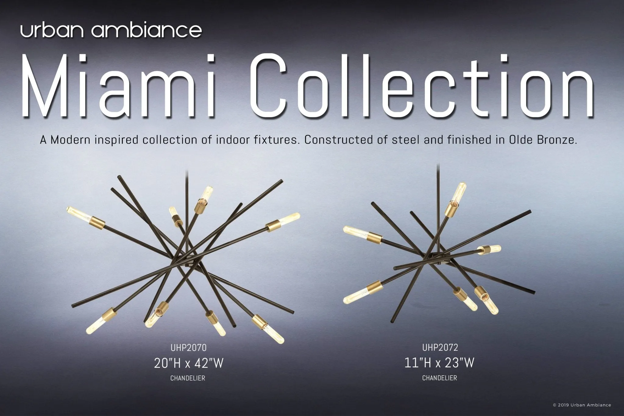 UHP2070 Modern Industrial Chandelier, 19-5/8"H x 42-3/8"W, Olde Bronze Finish, Miami Collection